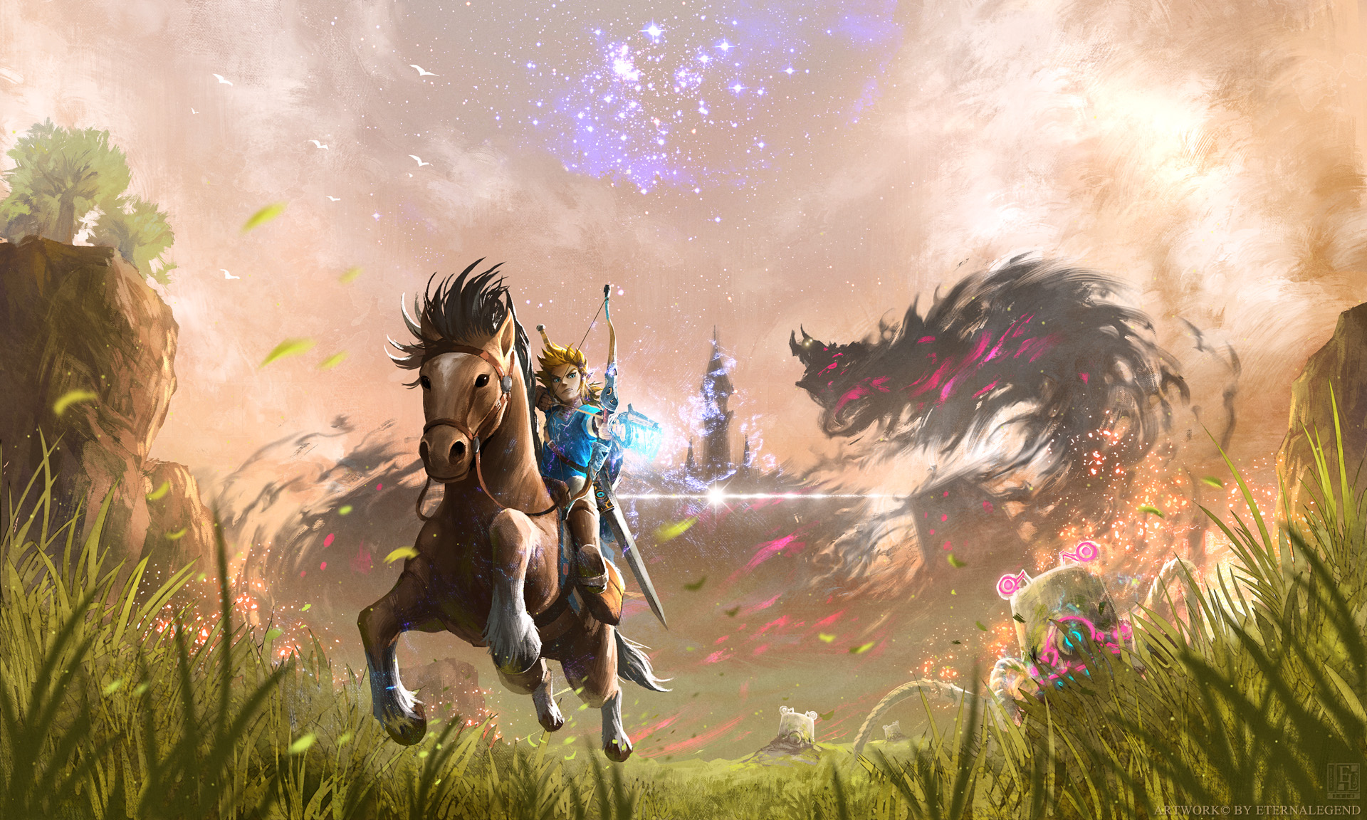 legend of zelda breath of the wild wallpaper,cg artwork,action adventure game,screenshot,strategy video game,fictional character