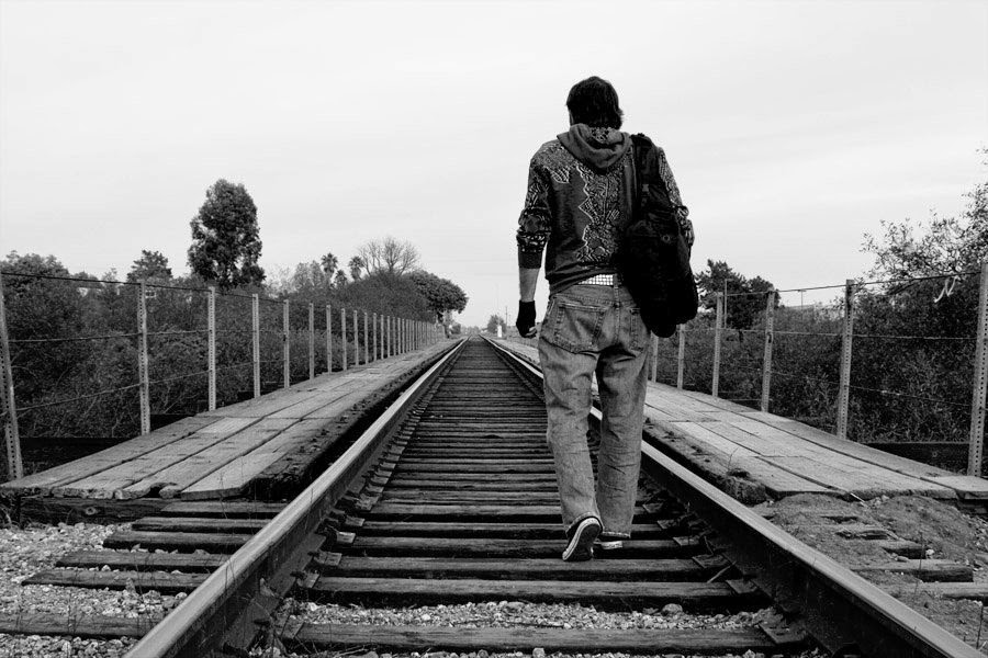 alone boy hd wallpaper,track,transport,black and white,standing,monochrome