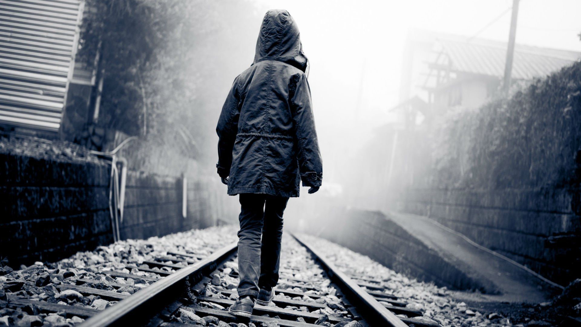 alone boy hd wallpaper,transport,atmospheric phenomenon,standing,track,black and white