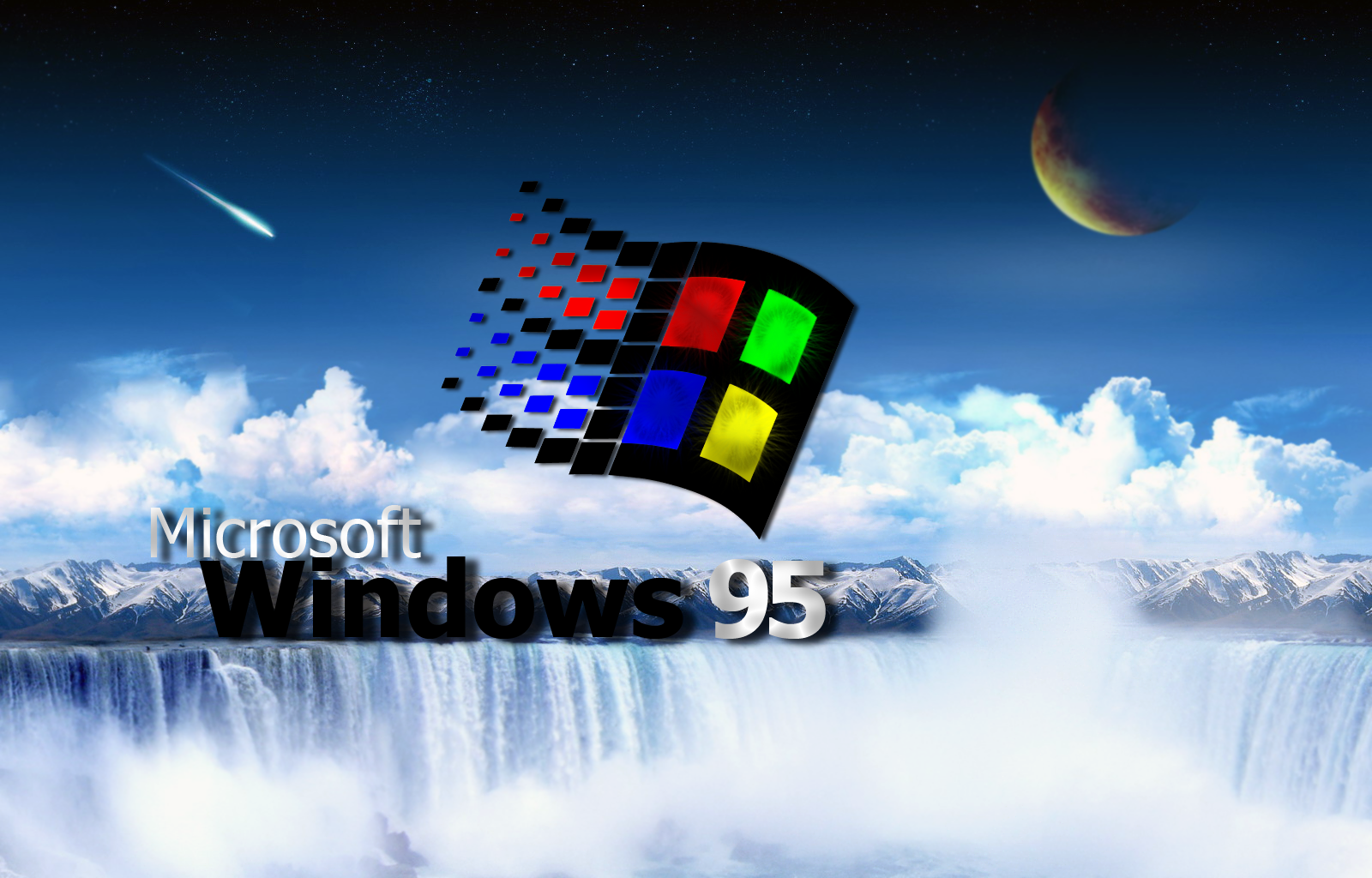 windows 95 wallpaper,operating system,sky,rubik's cube,logo,font
