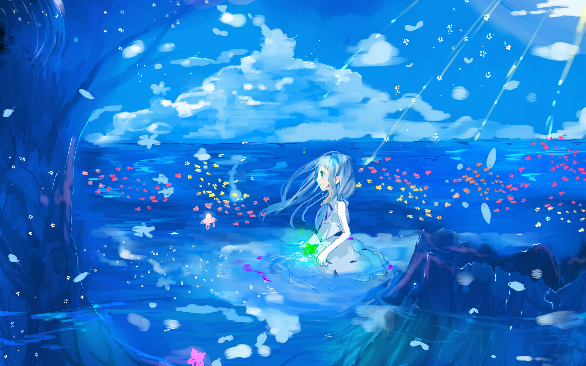 anohana tapete,wasser,himmel,illustration,cg kunstwerk,erfundener charakter