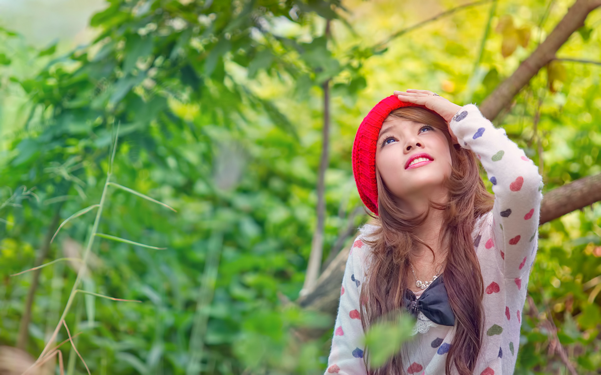 belle fille fond d'écran hd télécharger,cheveux,vert,beauté,rouge,herbe