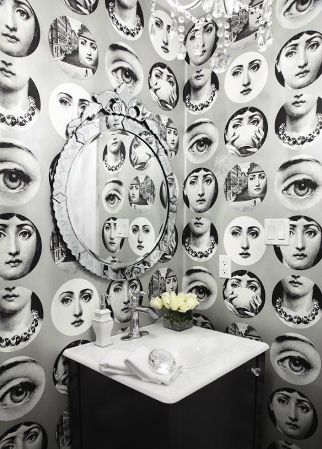 fornasetti wallpaper faces,facial expression,black and white,monochrome,font,illustration