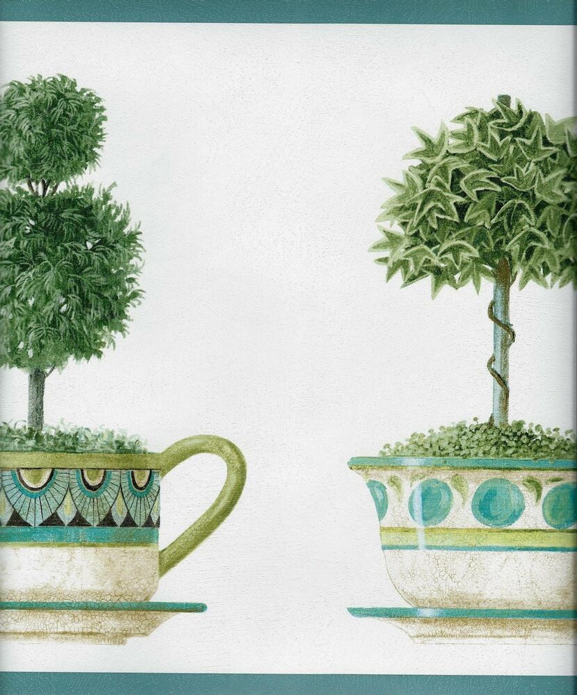 bordure de papier peint turquoise,vert,pot de fleur,plante,arbre,plante d'appartement