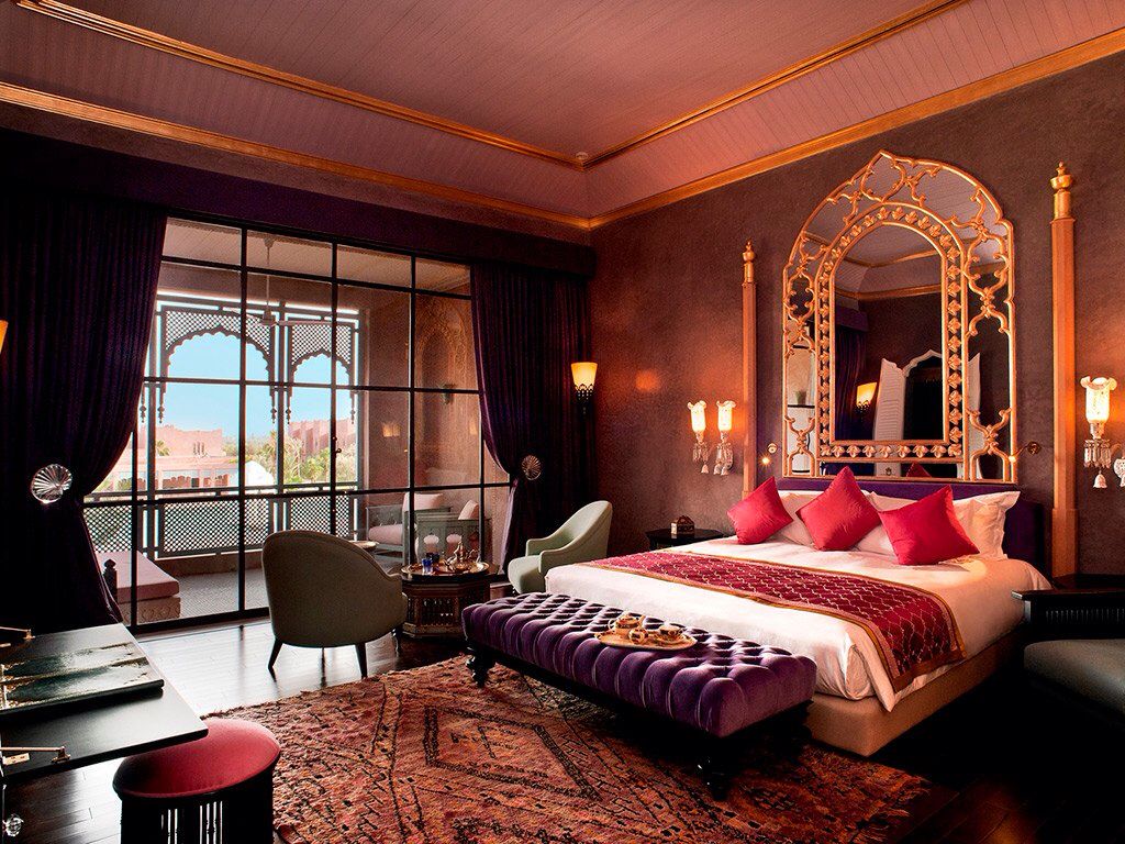 moroccan themed wallpaper,bedroom,room,furniture,interior design,suite