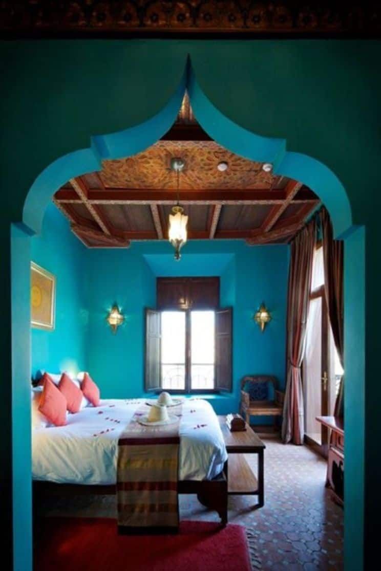 moroccan themed wallpaper,bedroom,bed,room,furniture,turquoise