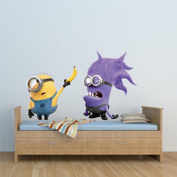 papel pintado dormitorio minion,juguete,dibujos animados,violeta,pegatina de pared,figura de acción