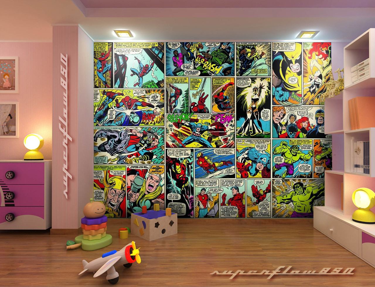 marvel wallpaper for bedroom,wall,interior design,room,art,visual arts