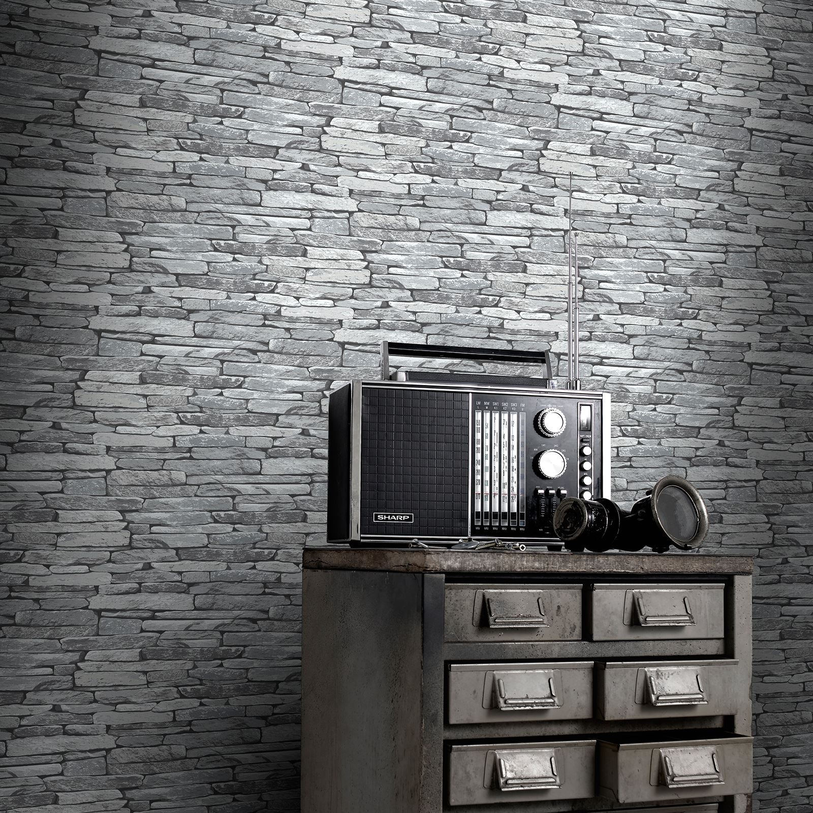 grey stone effect wallpaper,wall,brick,furniture,brickwork,room