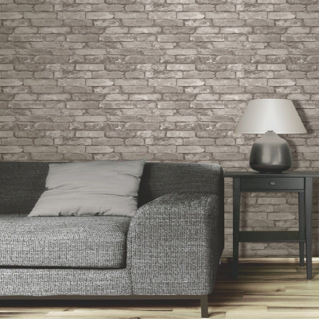 cream brick effect wallpaper,wall,furniture,wallpaper,brick,floor
