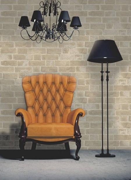 cream brick effect wallpaper,furniture,wall,chair,lighting,iron