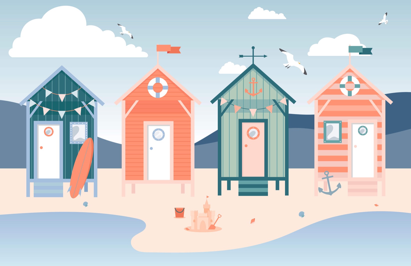 beach hut wallpaper,illustration,property,cartoon,house,real estate