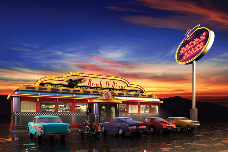 american diner wallpaper,motor vehicle,sky,building,tourist attraction,vehicle