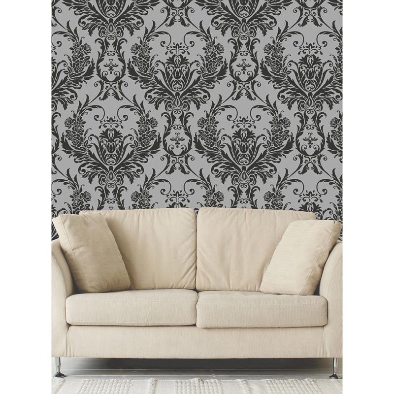 Debona Medina Damask Wallpaper Medina Flock Wallpaper Silver Black