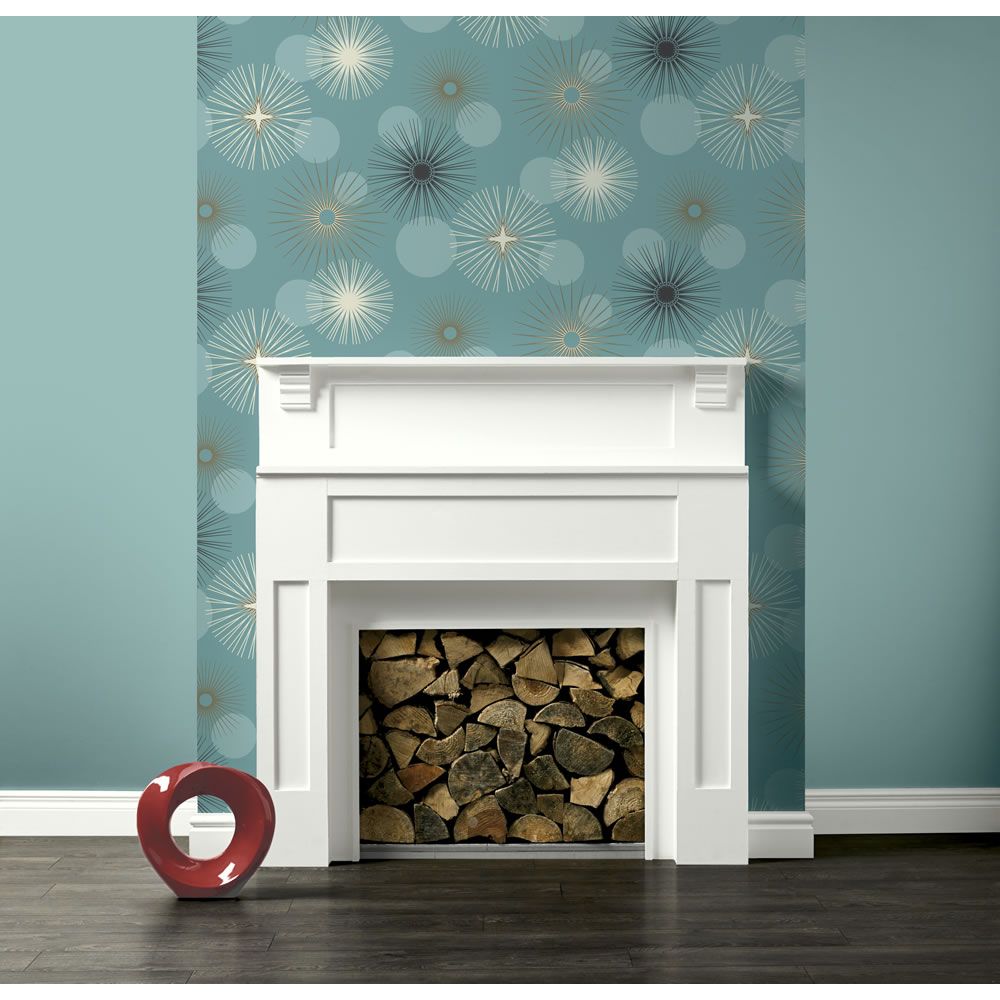 arthouse opera wallpaper,hearth,fireplace,turquoise,wall,teal