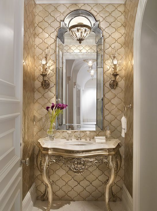 gold bathroom wallpaper,bathroom,room,tile,property,interior design