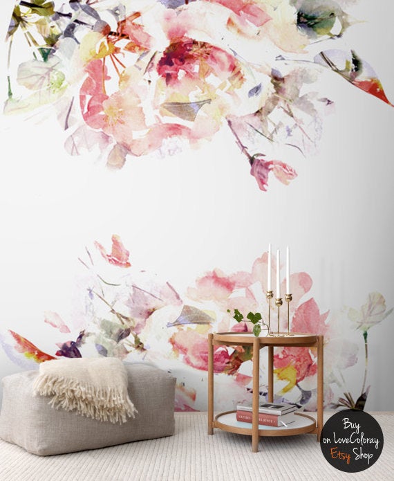 floral removable wallpaper,pink,room,wallpaper,flower,plant
