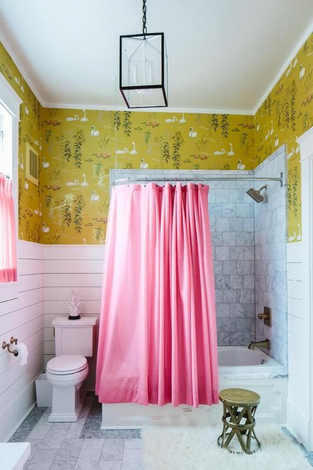 pink bathroom wallpaper,pink,room,curtain,interior design,bathroom
