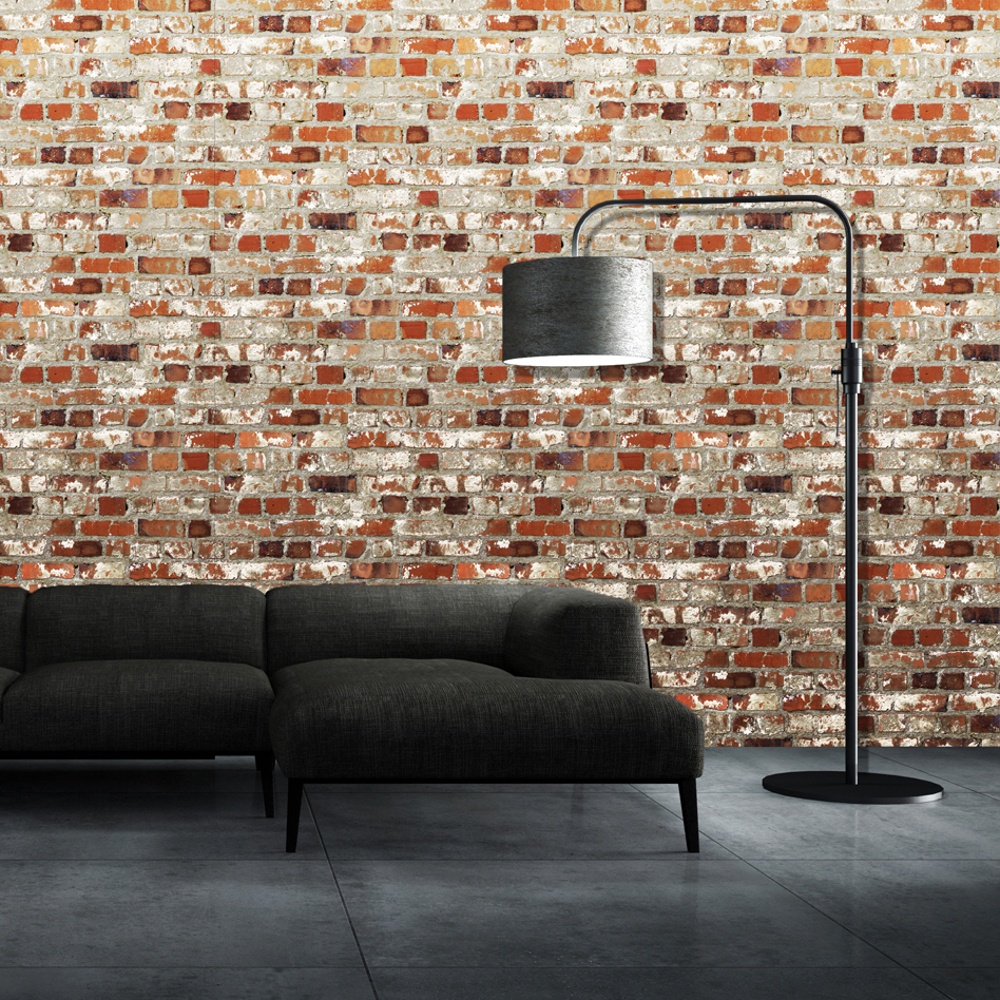 brick wall effect wallpaper,wall,brick,floor,lighting,furniture