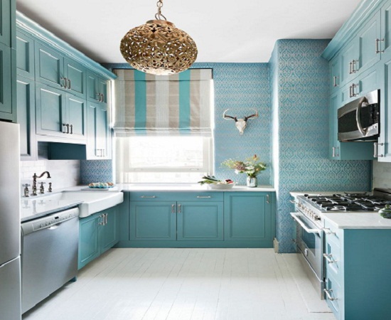 blue kitchen wallpaper,countertop,room,turquoise,tile,kitchen