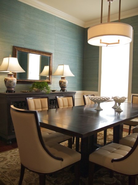 green grasscloth wallpaper,dining room,room,interior design,furniture,property