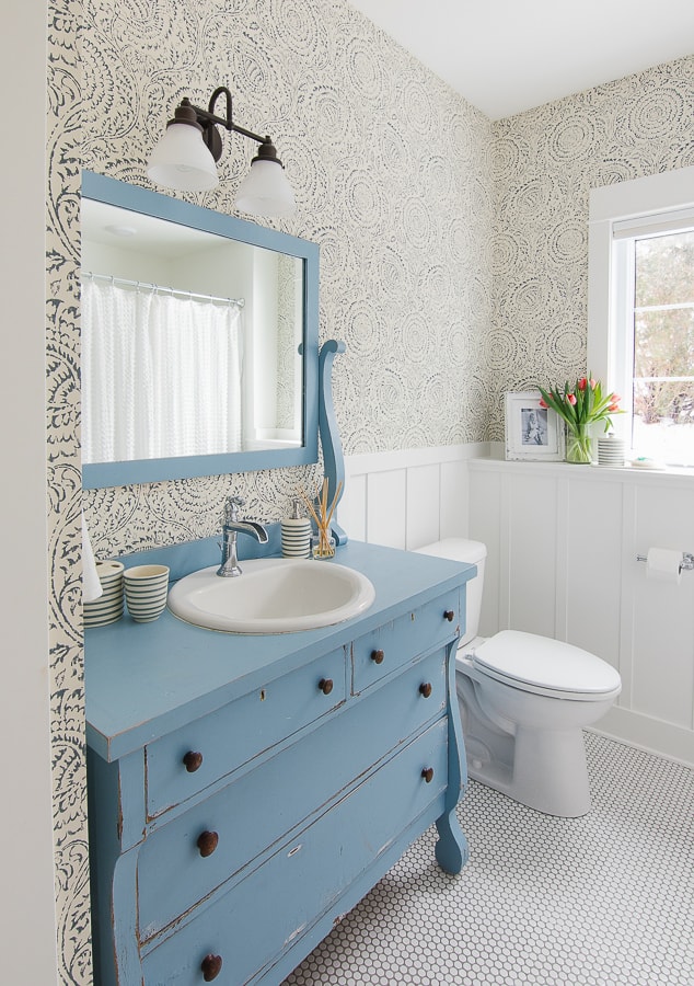 blue bathroom wallpaper,bathroom,room,blue,sink,chest of drawers