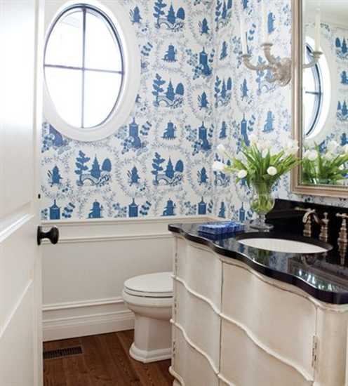 White And Blue Bathroom Wallpaper And Sconces In Vintage - Modern Bathroom Wallpaper Designs ...