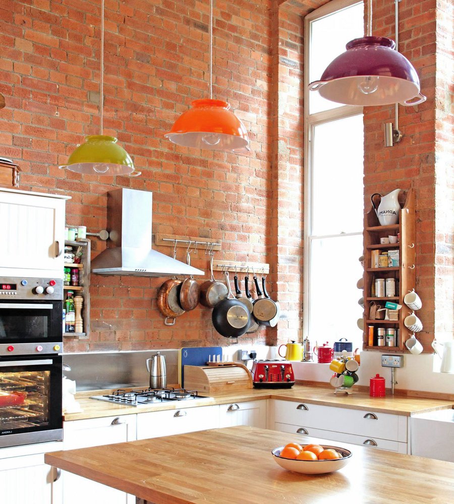 brick wallpaper kitchen,room,orange,countertop,kitchen,furniture