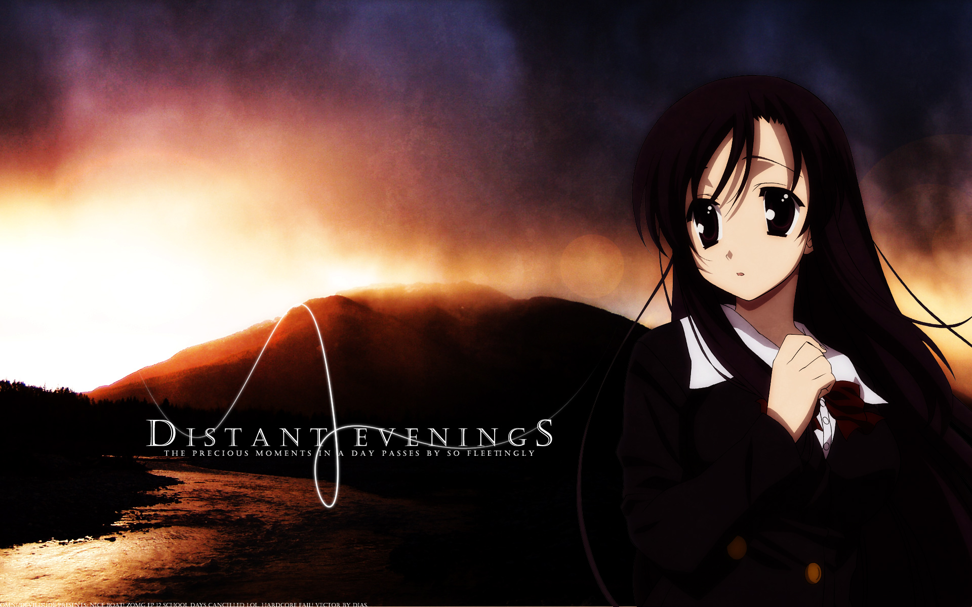 school days wallpaper,anime,cg artwork,black hair,sky,long hair