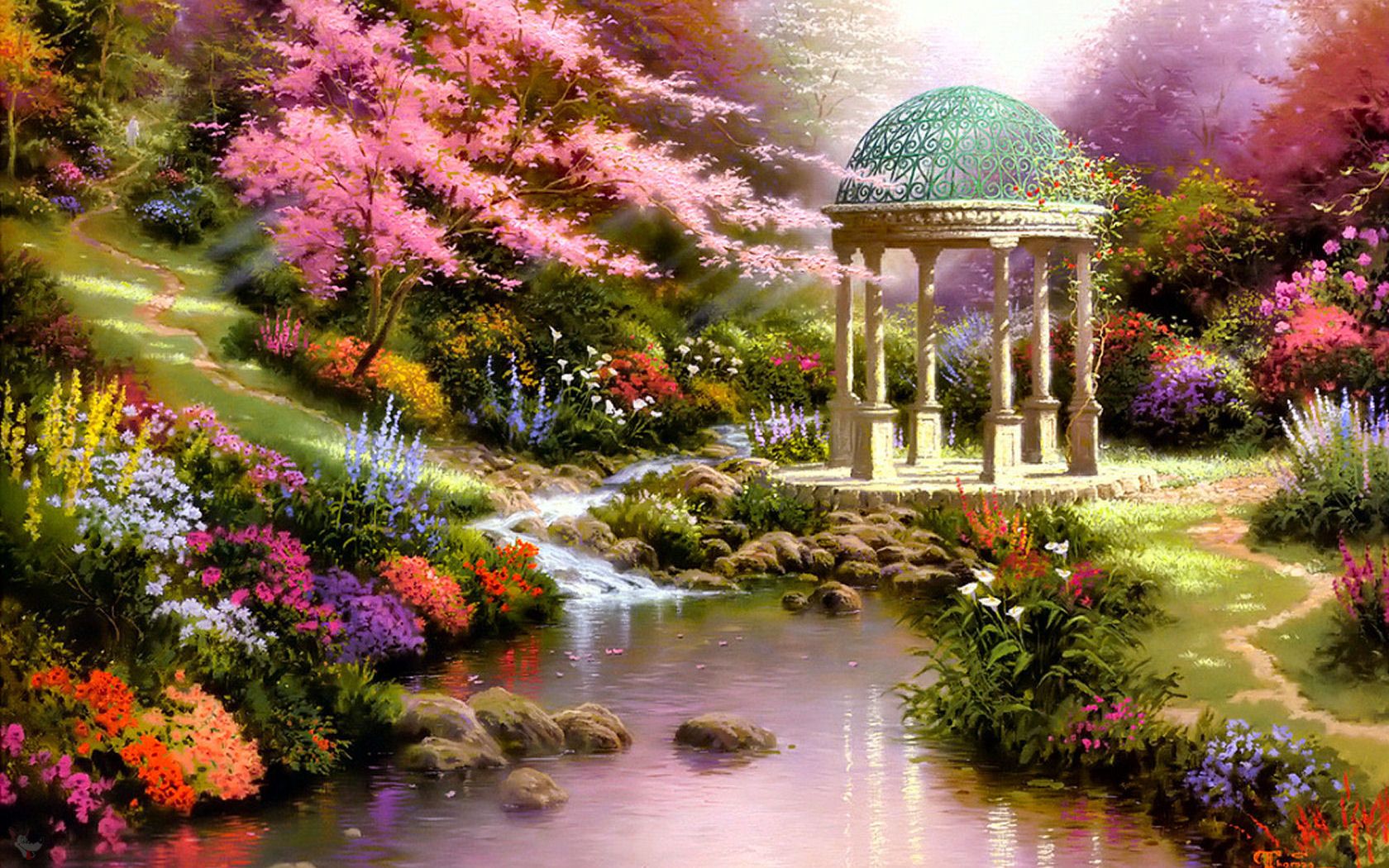 thomas kinkade wallpaper,natural landscape,nature,gazebo,botanical garden,spring