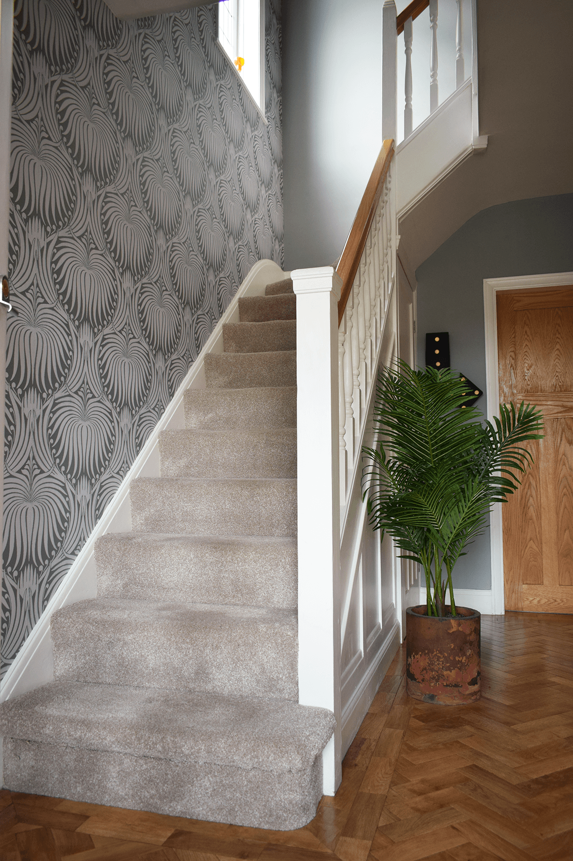grey hallway wallpaper,stairs,floor,property,wall,home