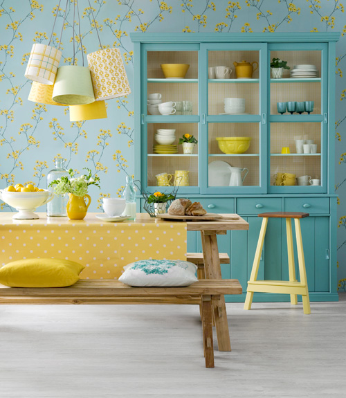papier peint cuisine jaune,jaune,turquoise,chambre,meubles,bleu