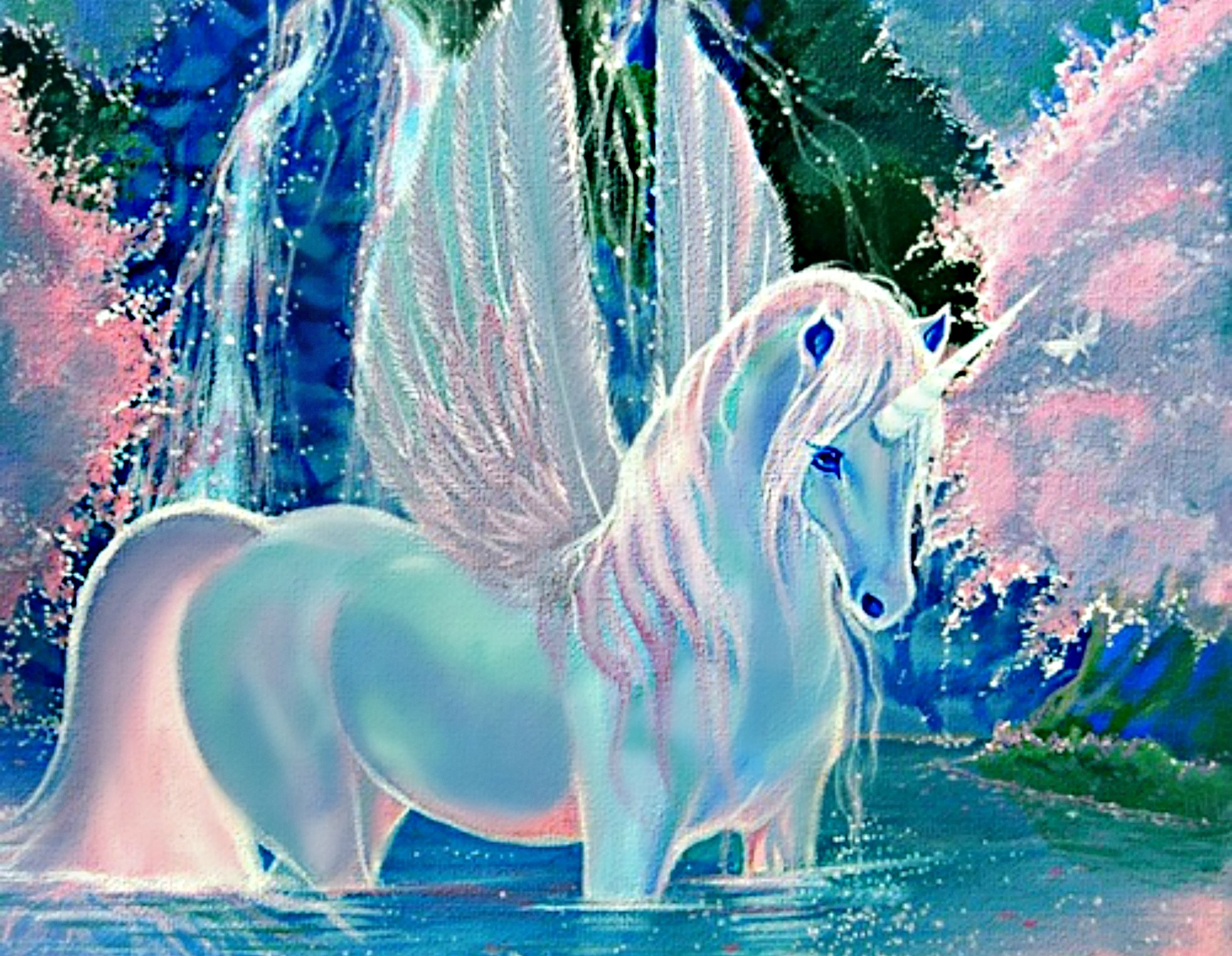 unicorn wallpaper b&m,fictional character,mythical creature,unicorn,sky,cg artwork