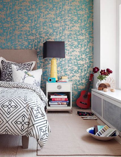 침실 청록색 벽지,침실,방,가구,인테리어 디자인,터키 옥