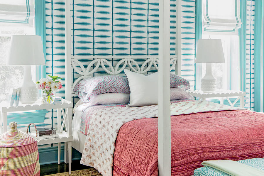 寝室のためのターコイズブルーの壁紙,寝室,家具,ベッド,ルーム,ピンク