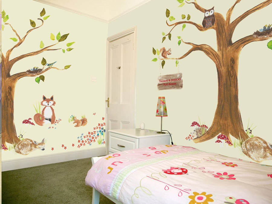 woodland themed wallpaper,room,bedroom,wall,property,tree