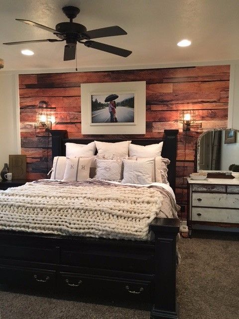 wood wallpaper bedroom,bedroom,furniture,bed,room,ceiling fan