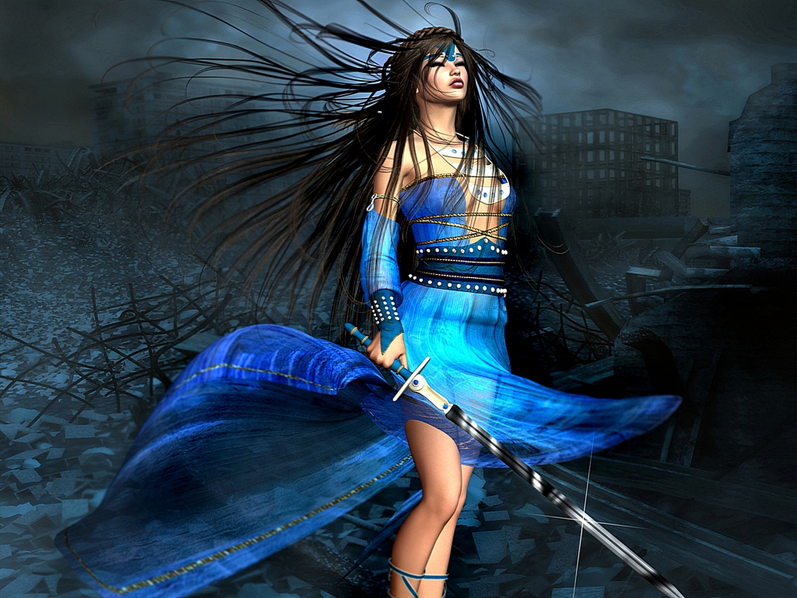 3d fantasy wallpaper,blue,cg artwork,beauty,fashion,dress