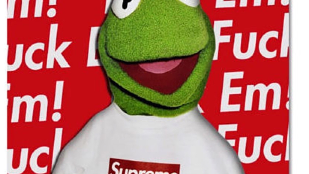 supreme kermit wallpaper,green,facial expression,font,smile,textile