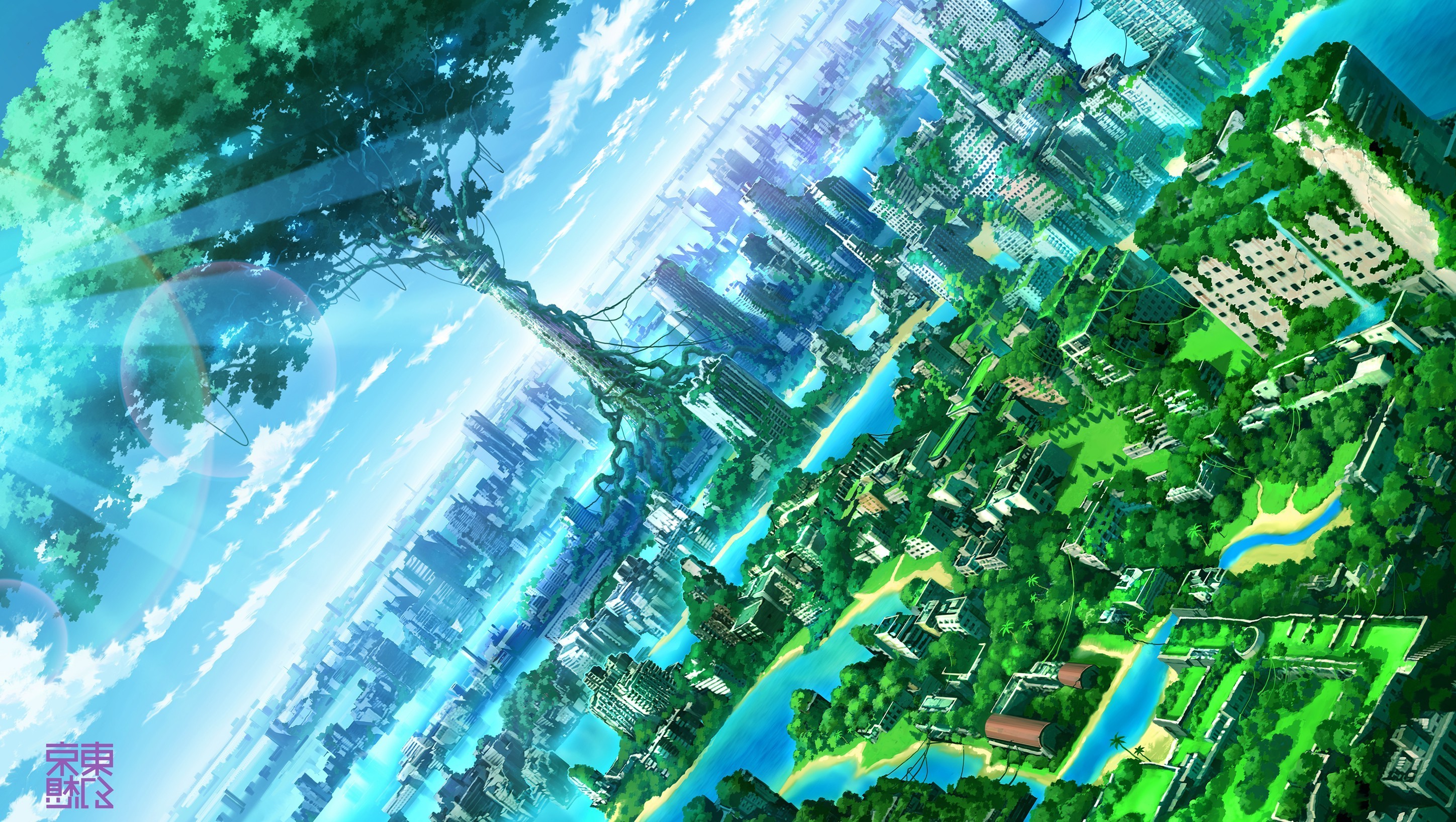 anime fantasy wallpaper,green,water,world,urban design,illustration