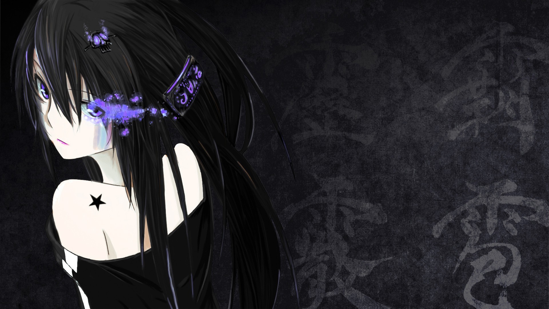 black anime wallpaper,black hair,cg artwork,cartoon,anime,monochrome