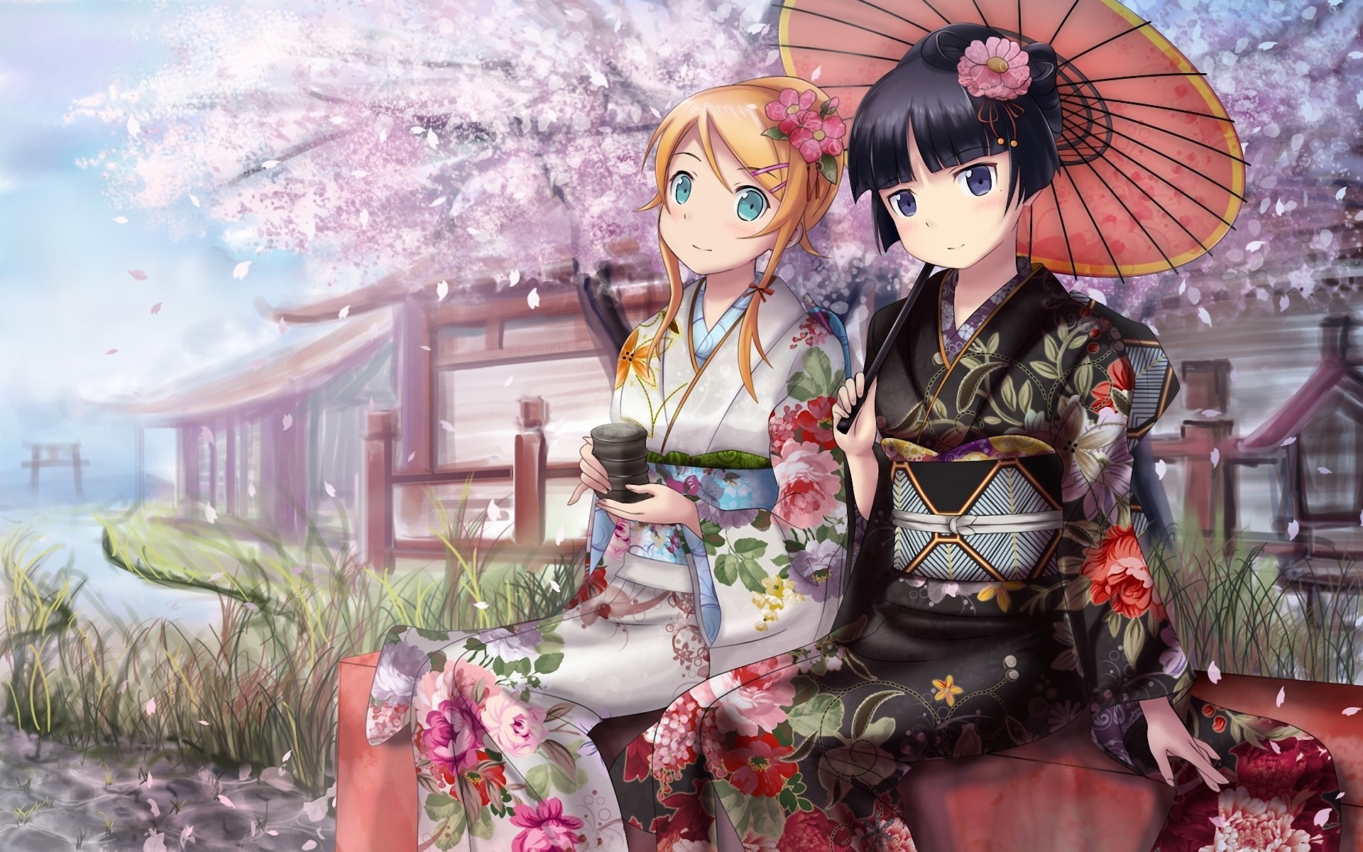 japanese anime wallpaper,cg artwork,anime,kimono,hairstyle,black hair