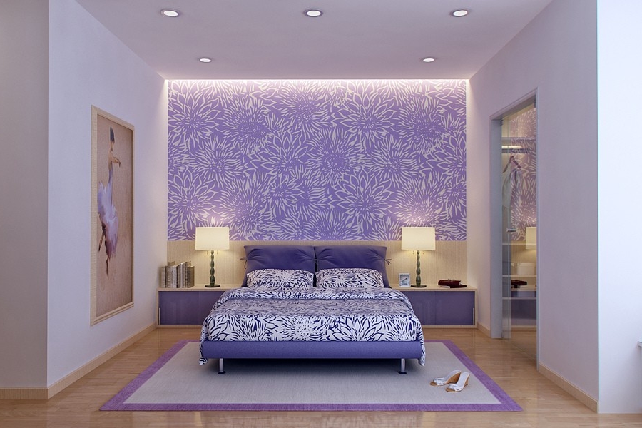 lilac wallpaper bedroom,purple,interior design,room,violet,furniture
