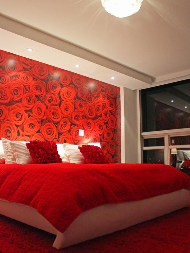 빨간 침실 벽지,침실,방,침대,빨간,인테리어 디자인