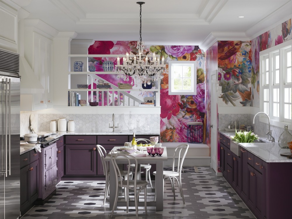 ピンクのキッチンの壁紙,ルーム,インテリア・デザイン,家具,紫の,天井