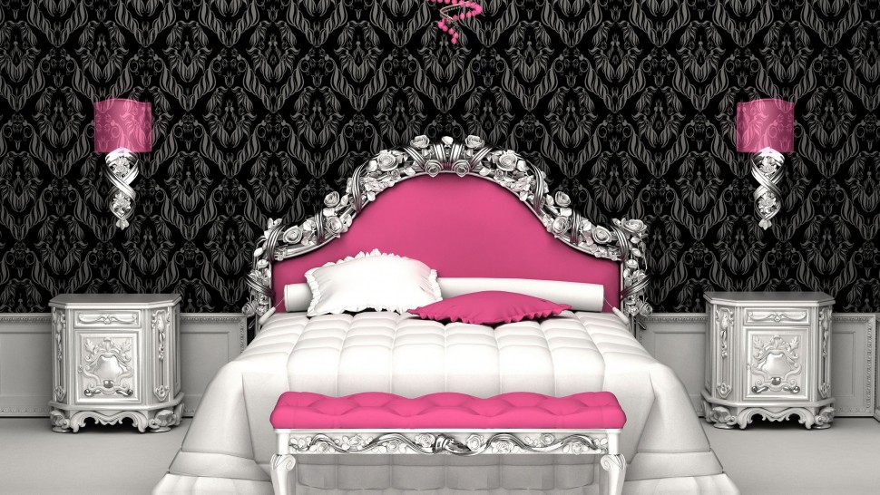 black and white wallpaper for bedroom,bedroom,pink,furniture,bed,room