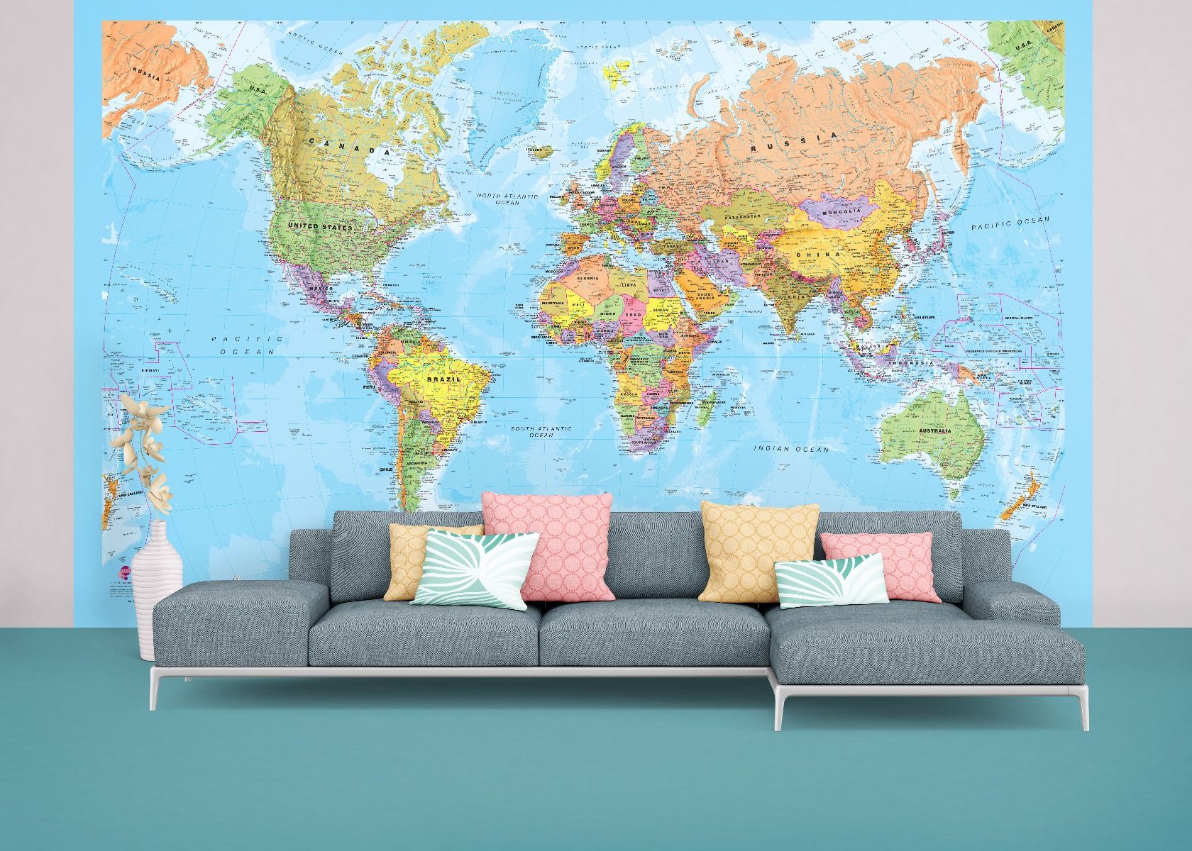 map wallpaper b&q,map,wallpaper,world,turquoise,yellow