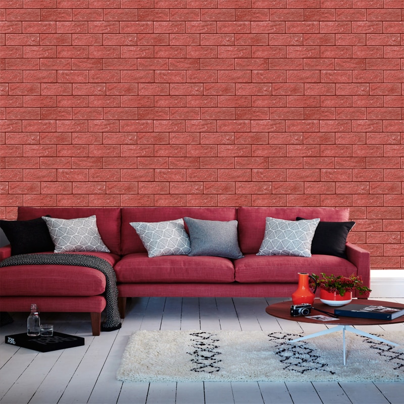 white brick wallpaper bedroom,furniture,red,living room,wall,couch