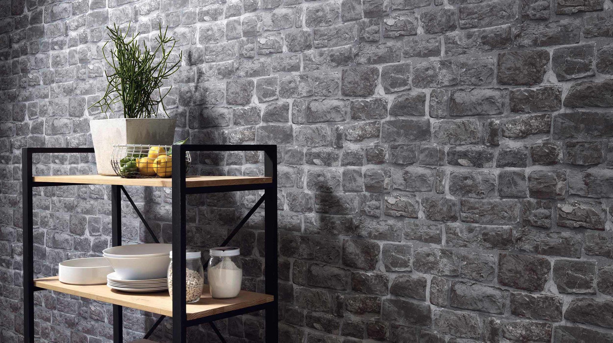 grey brick wallpaper b&q,tile,wall,brick,shelf,property (726537