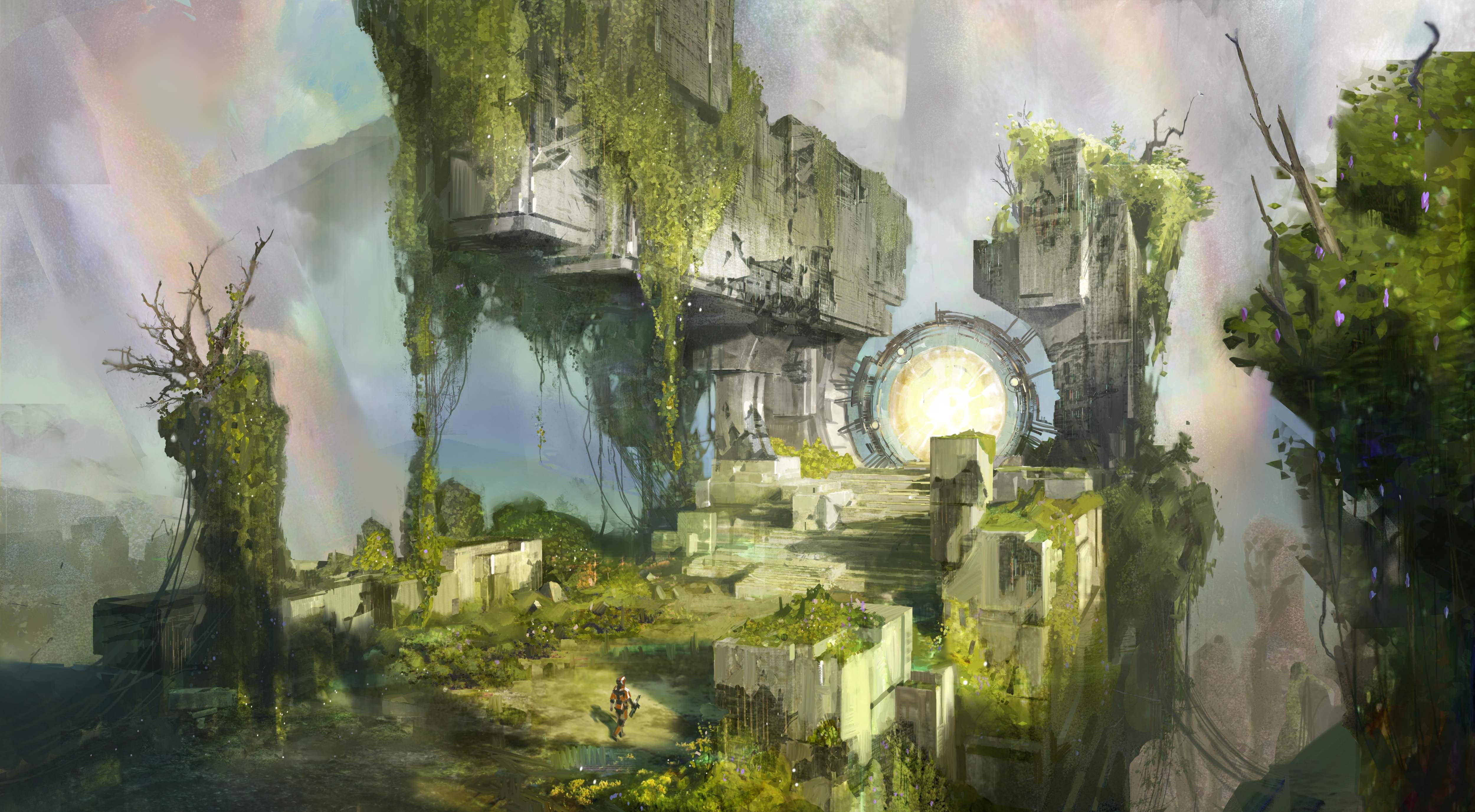 concept art wallpaper,nature,watercolor paint,painting,ruins,tree